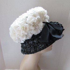 SALE Vintage 1960 Era Bucket Hat White Flowers Black Cello Brim